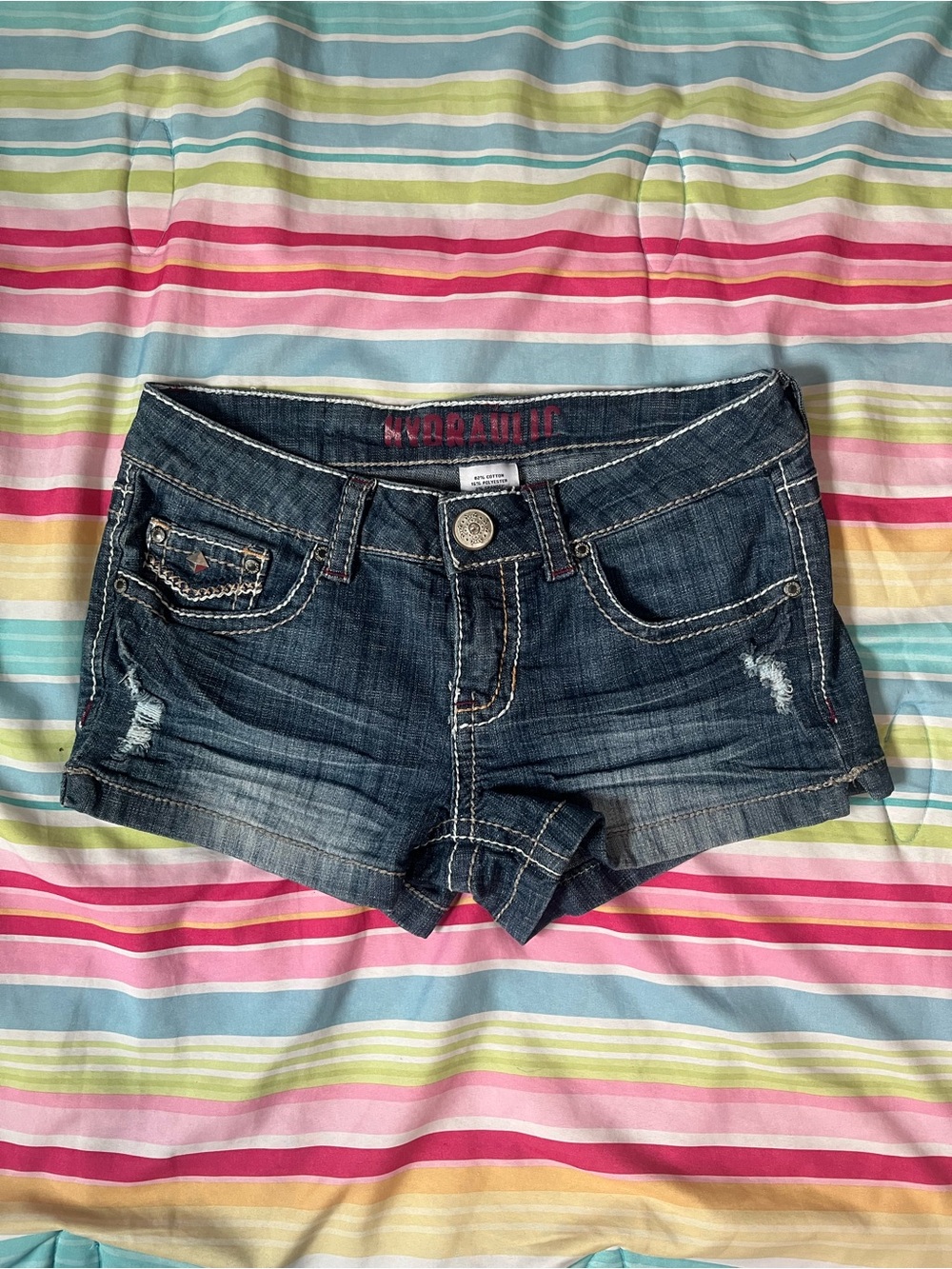 Hydraulic Dark Wash Distressed Denim Shorties - Blue